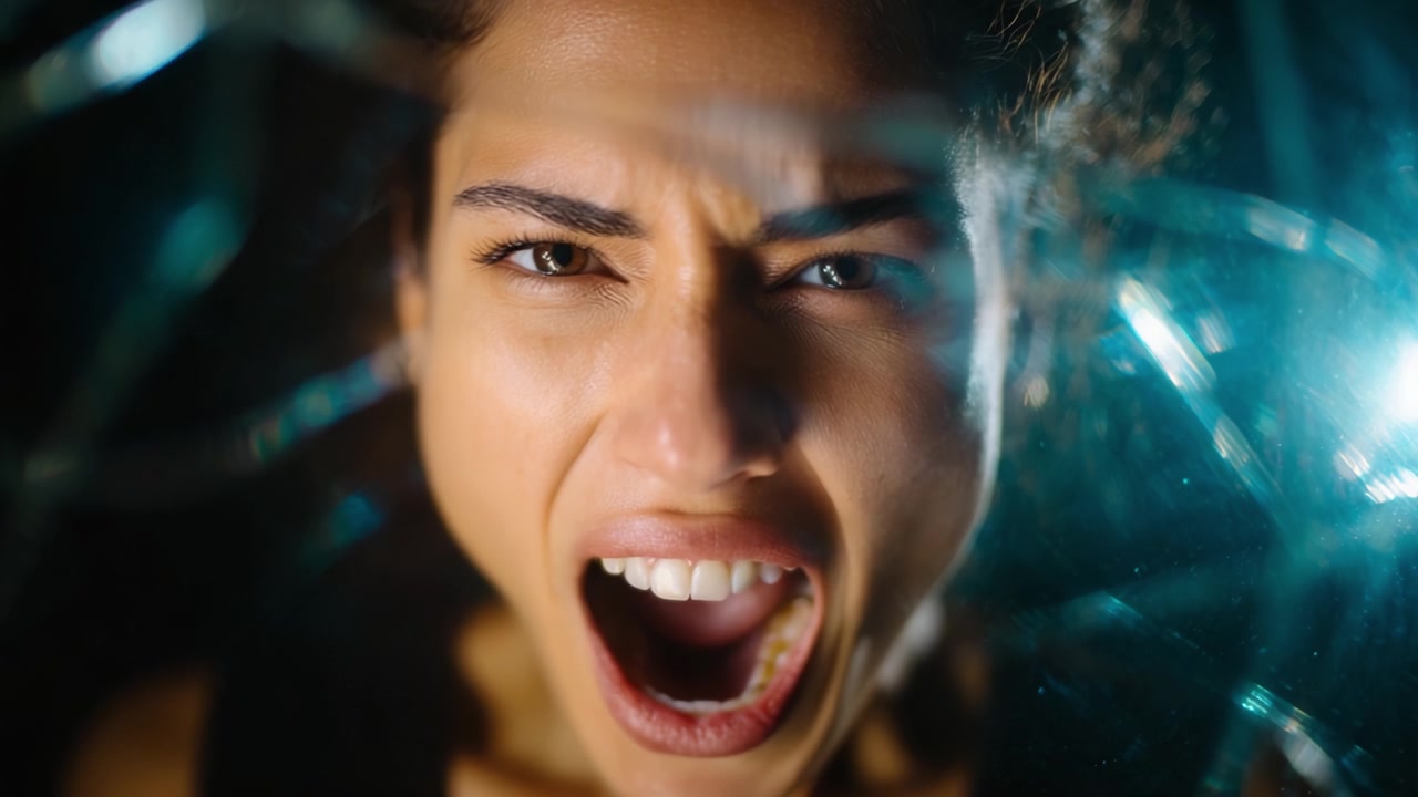 Intense Emotional Expression: A Close-Up of a Woman's Face Capturing the Raw Emotion of Anger and Desperation Through Shattered Glass Reflection.