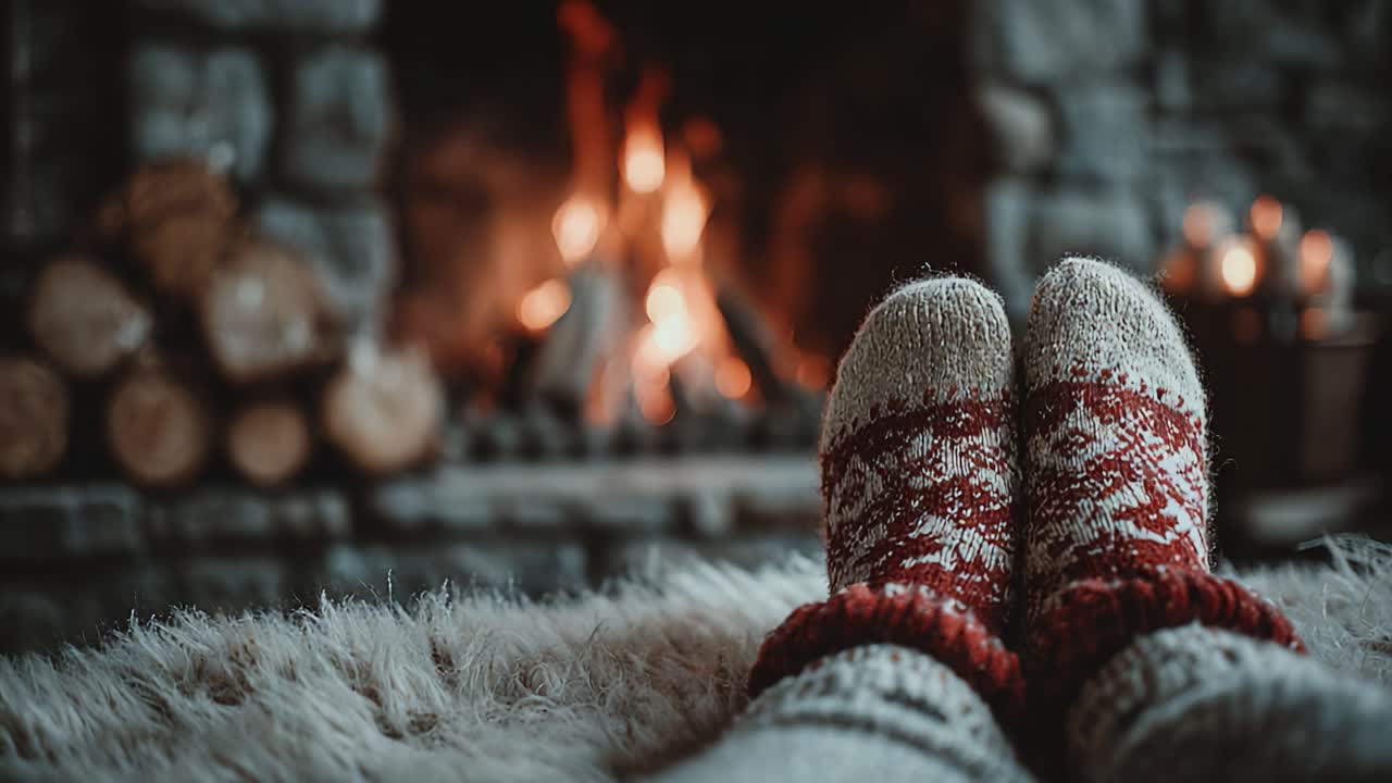 Cozy Winter Comfort: A Pair of Warm, Festive Socks Resting by a Roaring Fireplace, Capturing the Essence of a Serene, Inviting Indoor Retreat