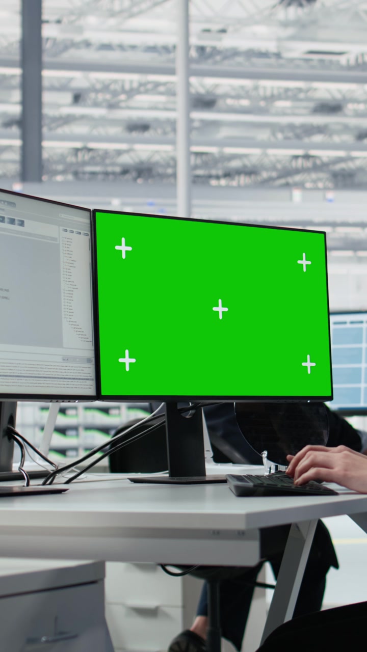 Vertikal video: Green screen-pc, kodning og kvinde på mikrochipfabrikkens kontor