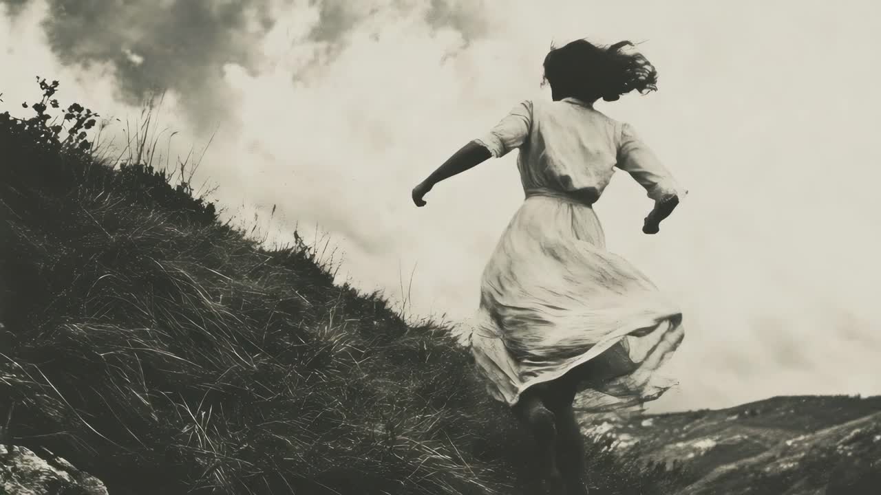 A dynamic low-angle video shot of a woman running uphill, capturing motion and energy