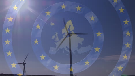 animation of map of europe with stars of european union flag rotating over rotating wind turbines