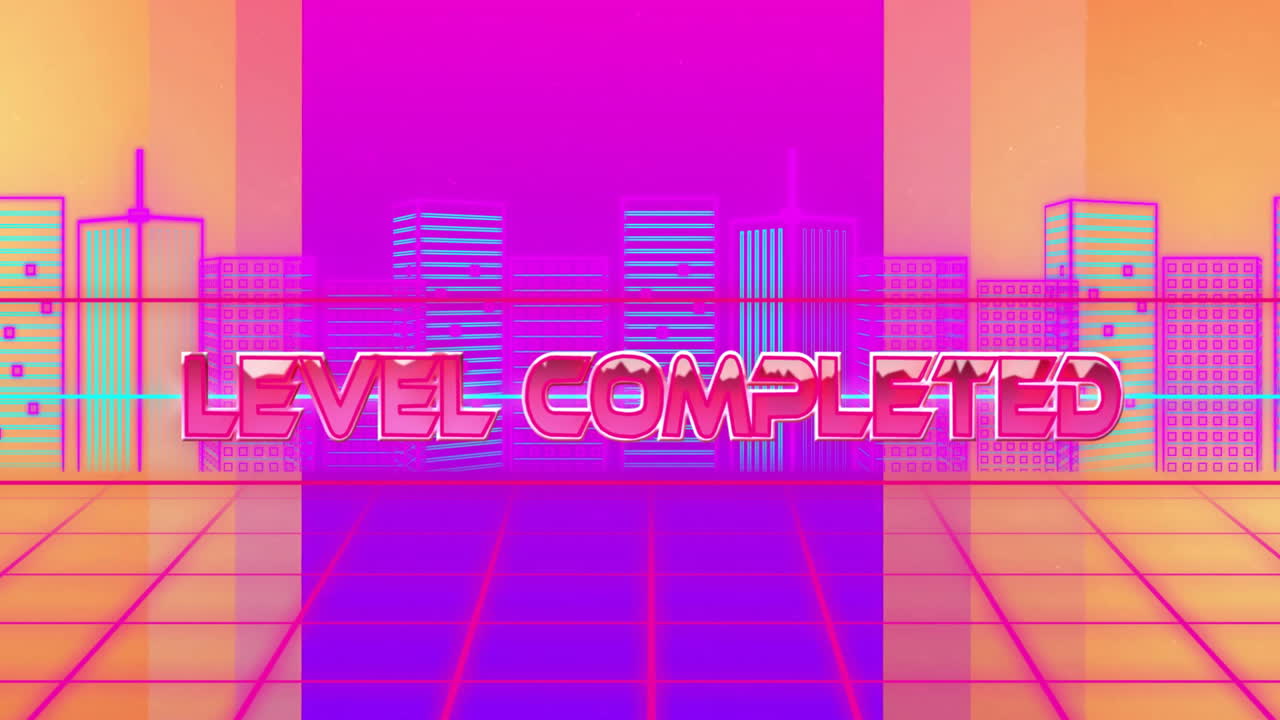 Level completed text animation over neon cityscape background