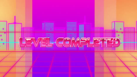 level completed text animation over neon cityscape background