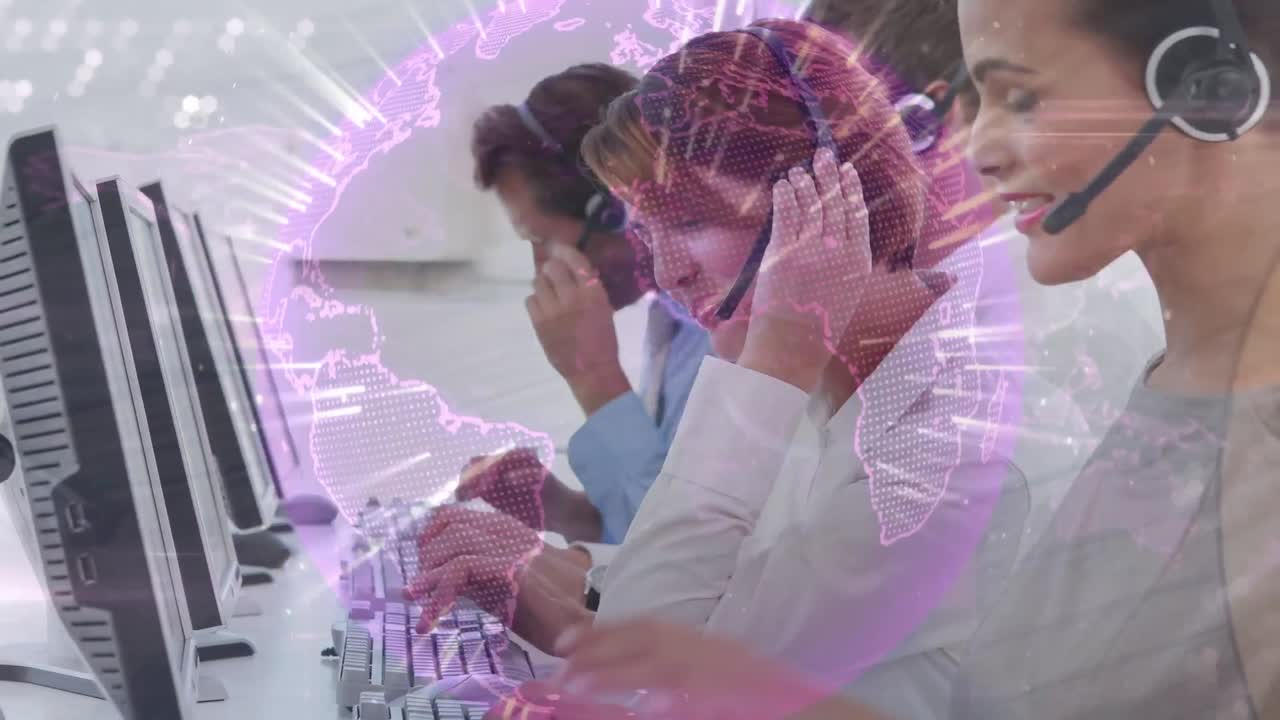 전화 헤드 ⁇  을 사용하는 사업가 들 의 전 세계 에 대한 애니메이션