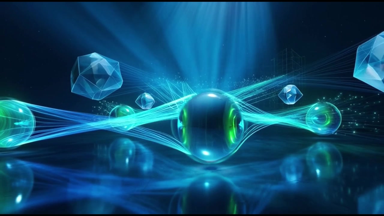 Abstract Digital Spheres and Geometric Shapes Connected by Light Beams