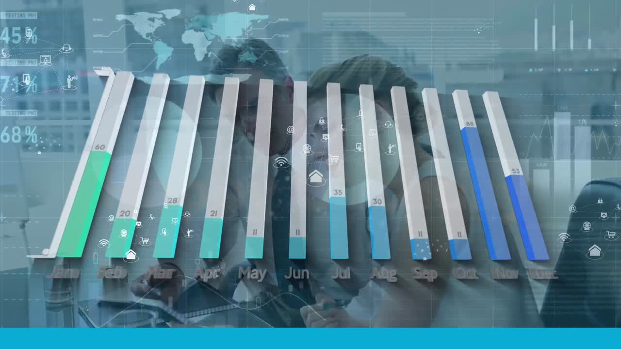 animación de gráficos y datos financieros sobre empresarios caucásicos en la oficina