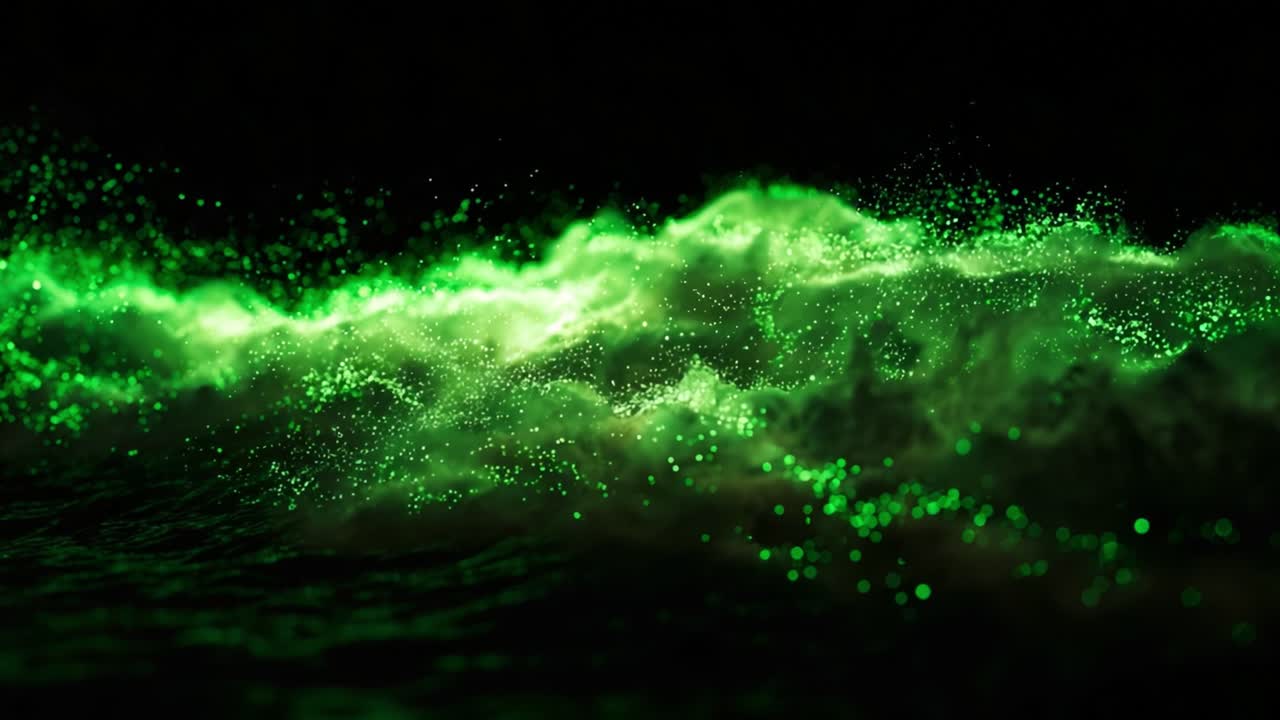 Mesmerizing Waves of Green Light: A Stunning Display of Nature's Beauty Captured in Two Frames, Showcasing the Play of Light and Water in an Enigmatic Ocean Scene
