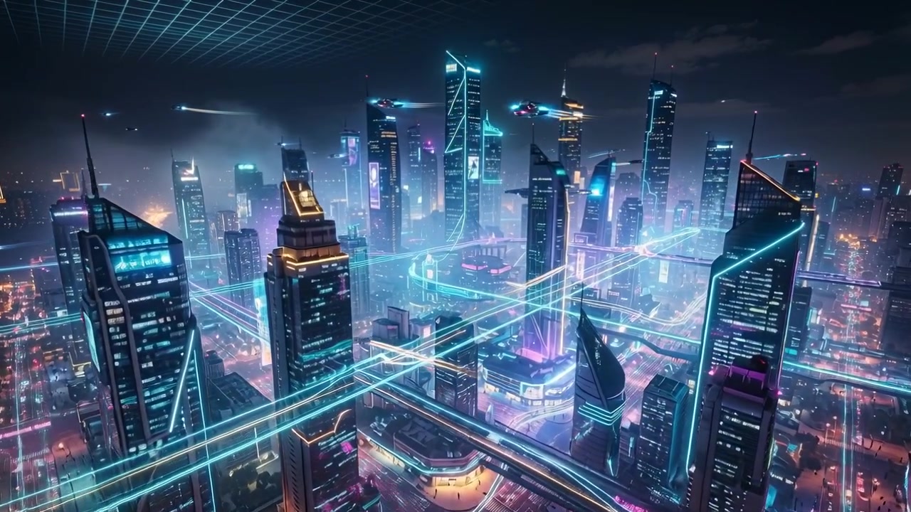 Panning camera surveying neon skyline night over five frames, showing transit ribbons and holo grid