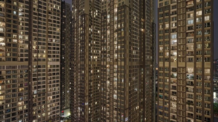 Frame Fill Exterior Facade of Illuminated High-Rise Buildings Saigon