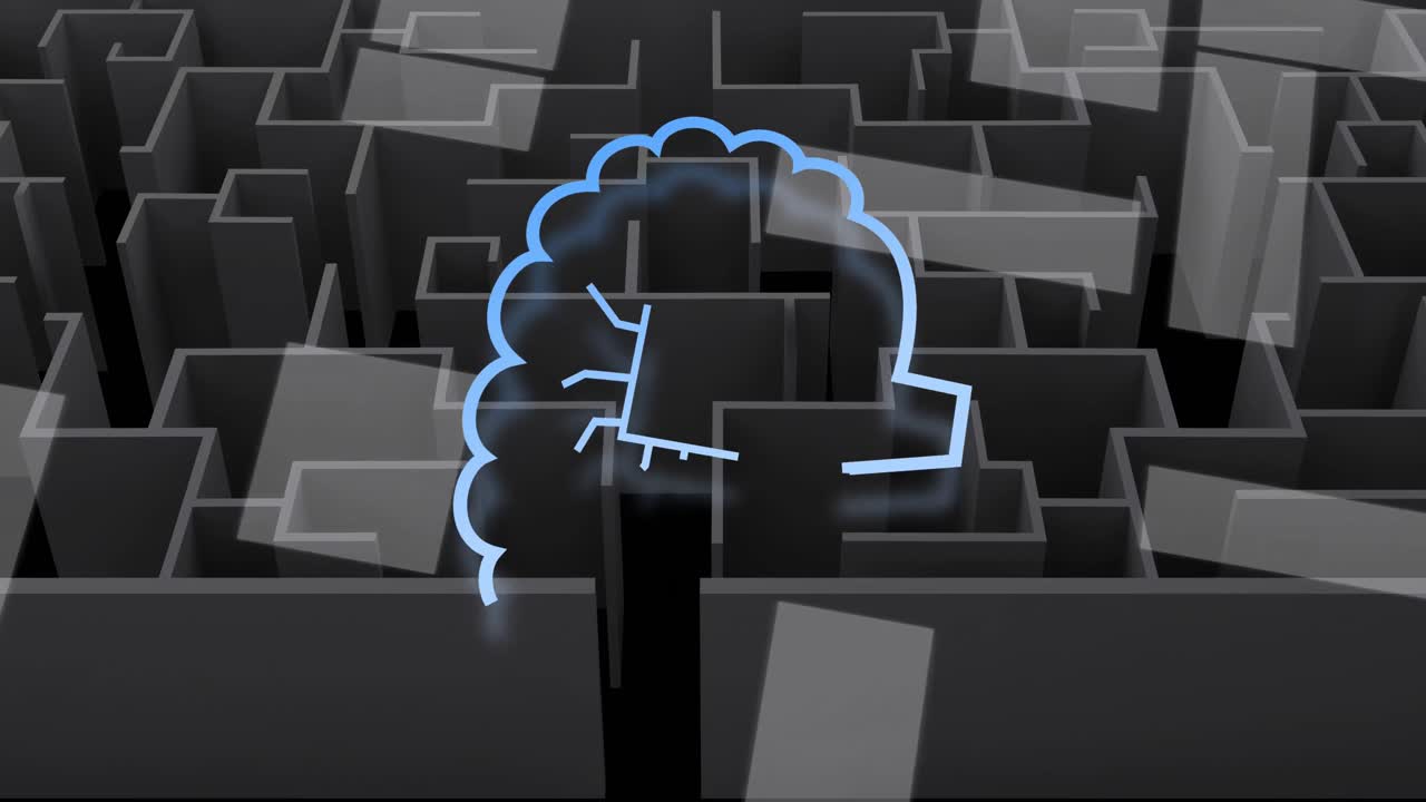 Animation of ai chat and data processing over maze on grey background