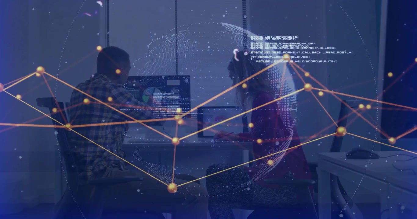 Colleagues collaborating in business office, with network lines and floating code overlay