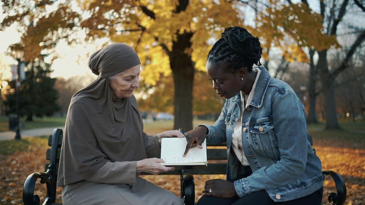 Anziana con hijab che offre un libro aperto su una panchina del parco, adulto vestito di jeans che indica e aiuta a leggere