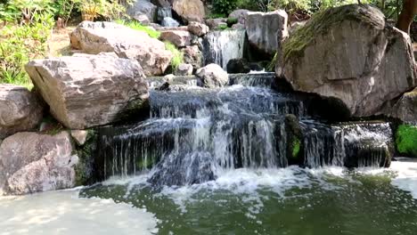 slowmotion tilting upward shot of a small waterfall cascade in a japanese garden