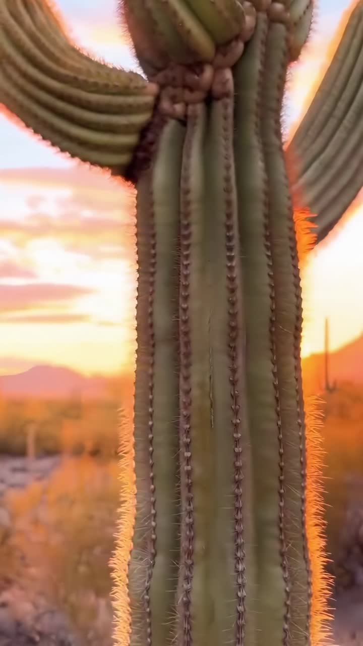 Video ravvicinato di un cactus al tramonto, che cattura colori vivaci da un'angolazione bassa.