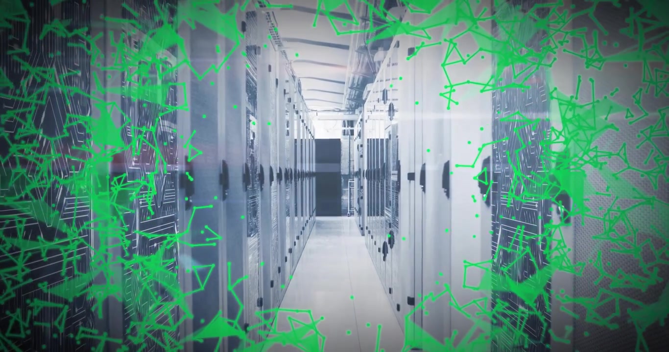 Particelle verdi che fluttuano verso l'interno attorno a rack di server, formando una cornice vorticosa che visualizza il flusso di dati
