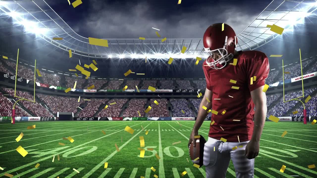 Giocatore di football americano che fissa il terreno