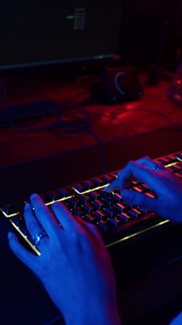 Persona che digita su tastiera meccanica illuminata in una stanza buia