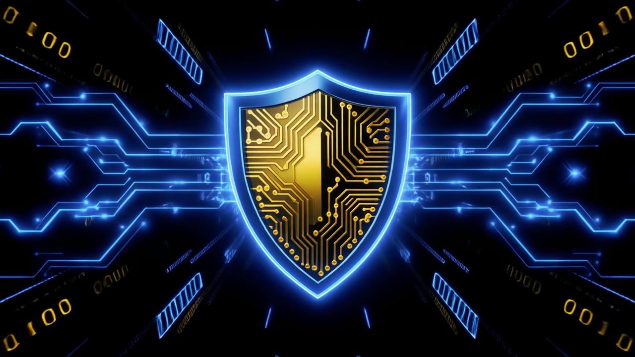 Cybersecurity Shield with Glowing Circuit Board and Data Flow