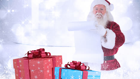 santa clause with christmas presents combined with falling snow