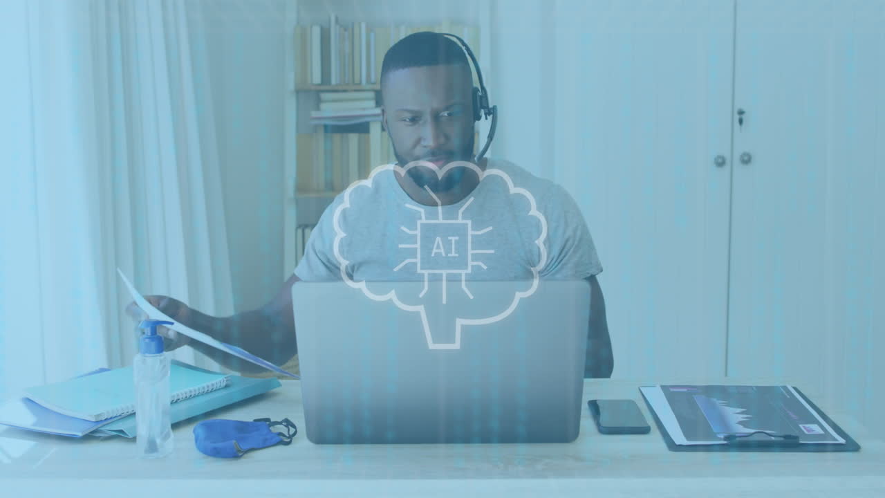 Animation of ai data processing over african american businessman using laptop