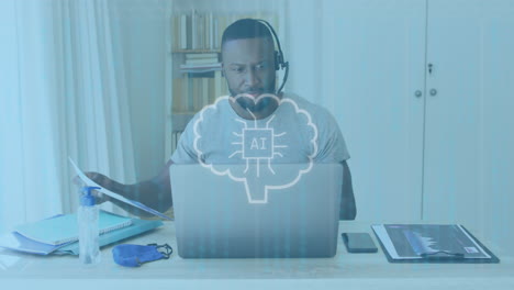 animación de procesamiento de datos de la ia sobre un hombre de negocios afroamericano usando una computadora portátil