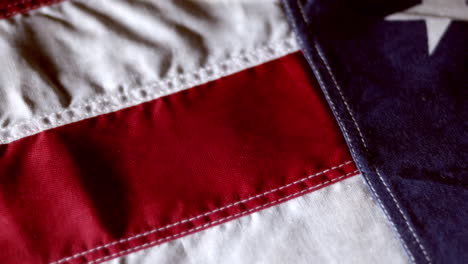 Panning-across-stars-and-strips-of-American-flag,-extreme-close-up