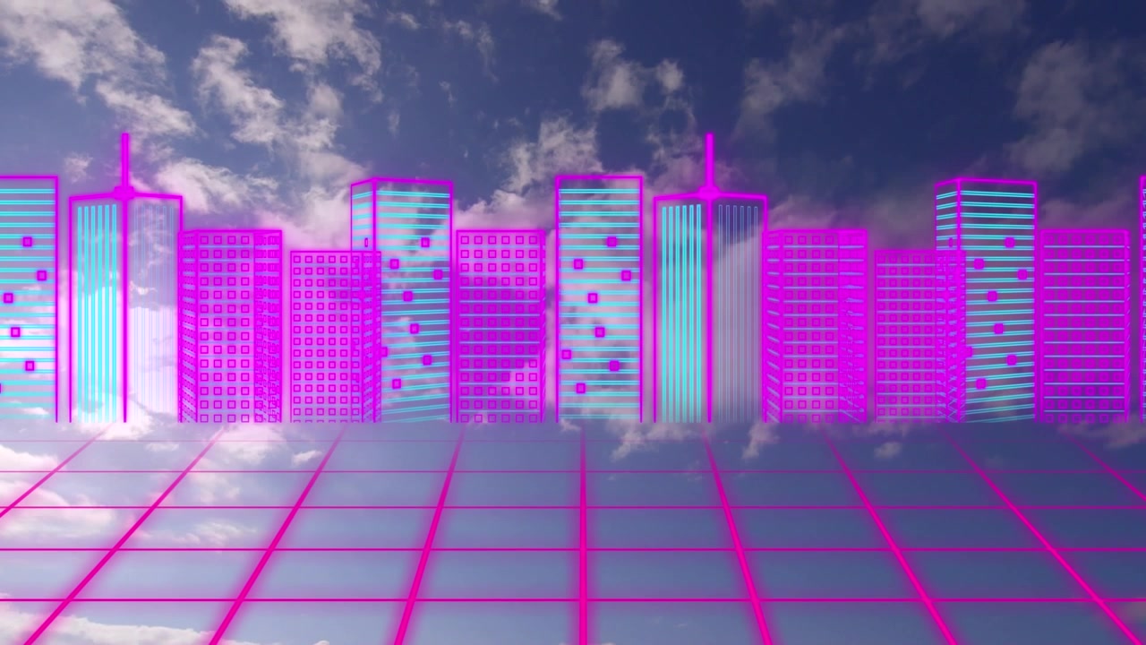 Animação de cidade digital e linhas de néon sobre céu com nuvens.