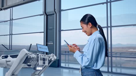 vista lateral de una trabajadora profesional asiática de pie con su teléfono inteligente en una fábrica de alta tecnología, perro robot, revisando su teléfono inteligente con meditación