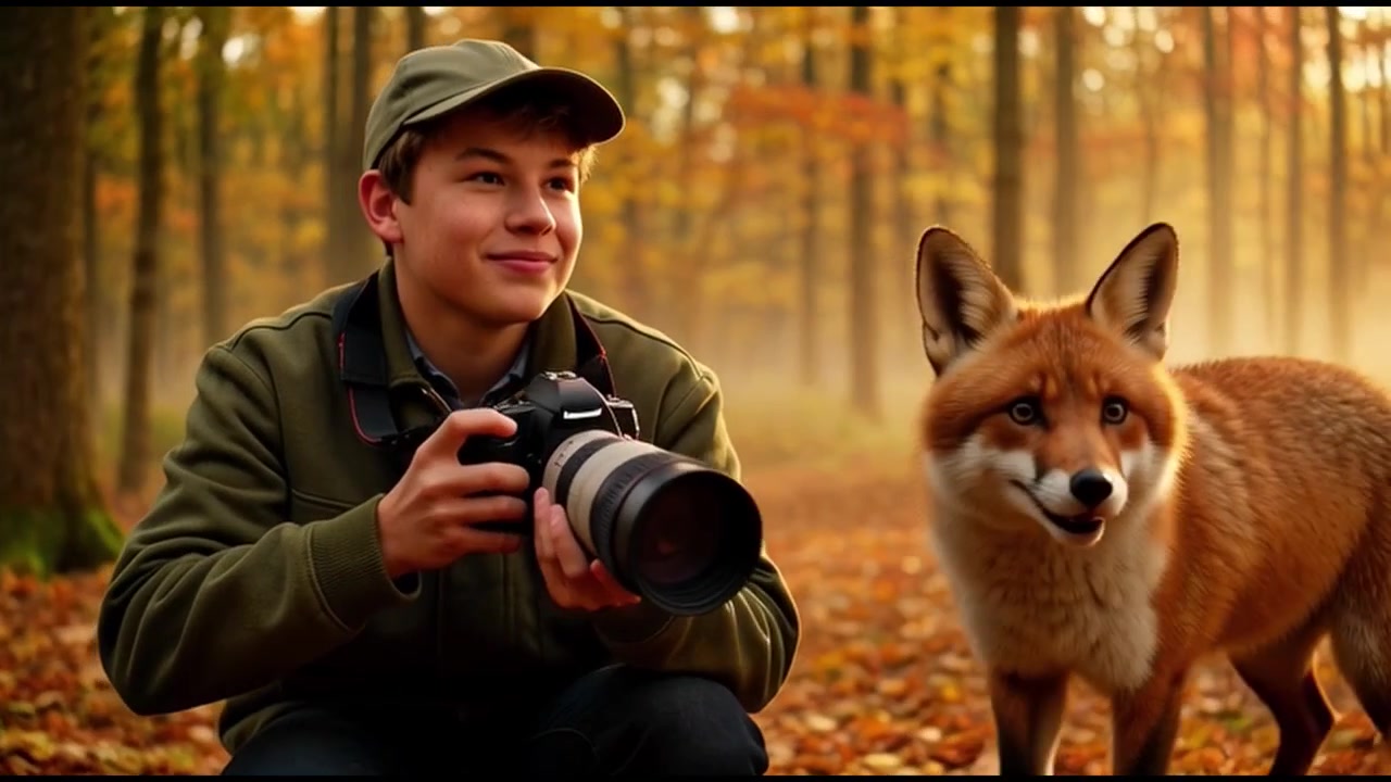 Joven fotógrafo capturando zorros salvajes en un bosque otoñal