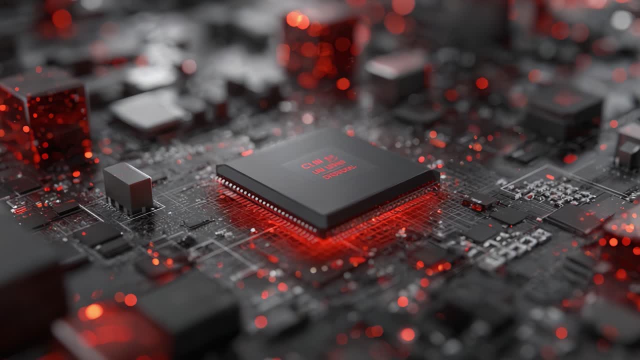 Close-Up View of a High-Tech Microprocessor on a Circuit Board with Glowing Red Elements, Showcasing the Intricacies of Modern Computing Technology and Design