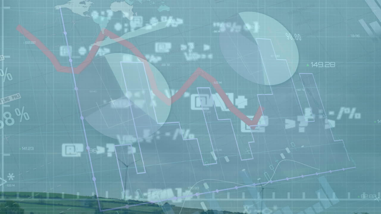 하늘을 배경으로 풍경에 여러 그래프, 기호, 숫자, 회전하는 풍차의 애니메이션