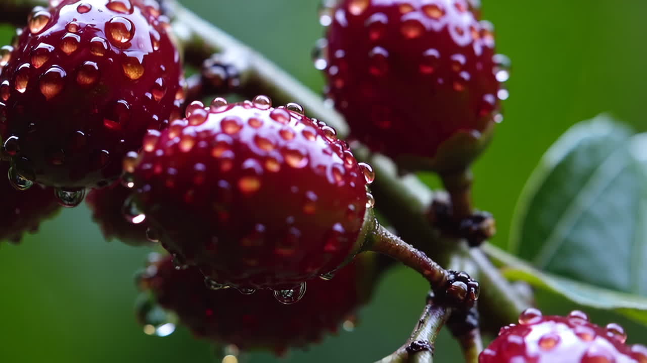 Close-up of wet cherries on a branch
