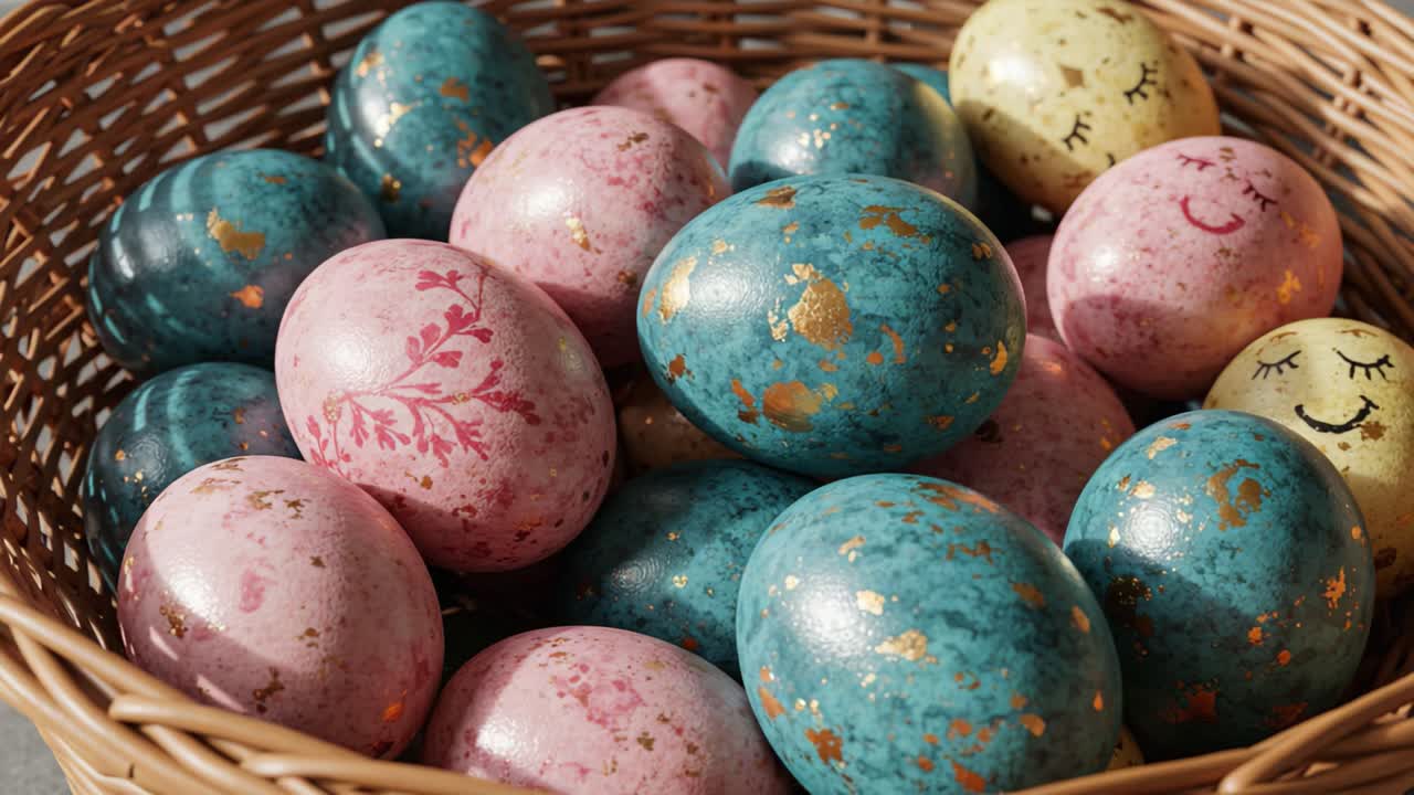 A Colorful Collection of Decorative Eggs in a Basket, Featuring Unique Patterns and Glittery Finishes Perfect for Celebrating Spring and Festivities