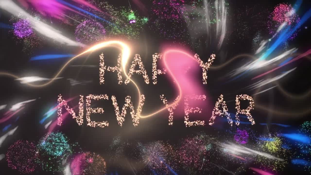 banner de texto de feliz año nuevo contra la colorida onda digital y fuegos artificiales explotando sobre un fondo negro