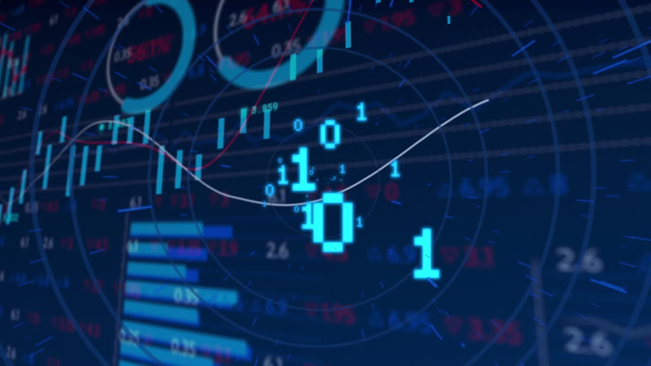 Animation of data processing and binary coding over blue background