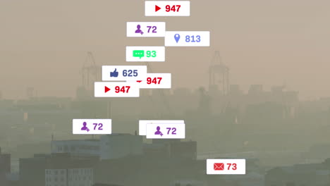 animation of falling notification labels with changing numbers over modern buildings and cranes