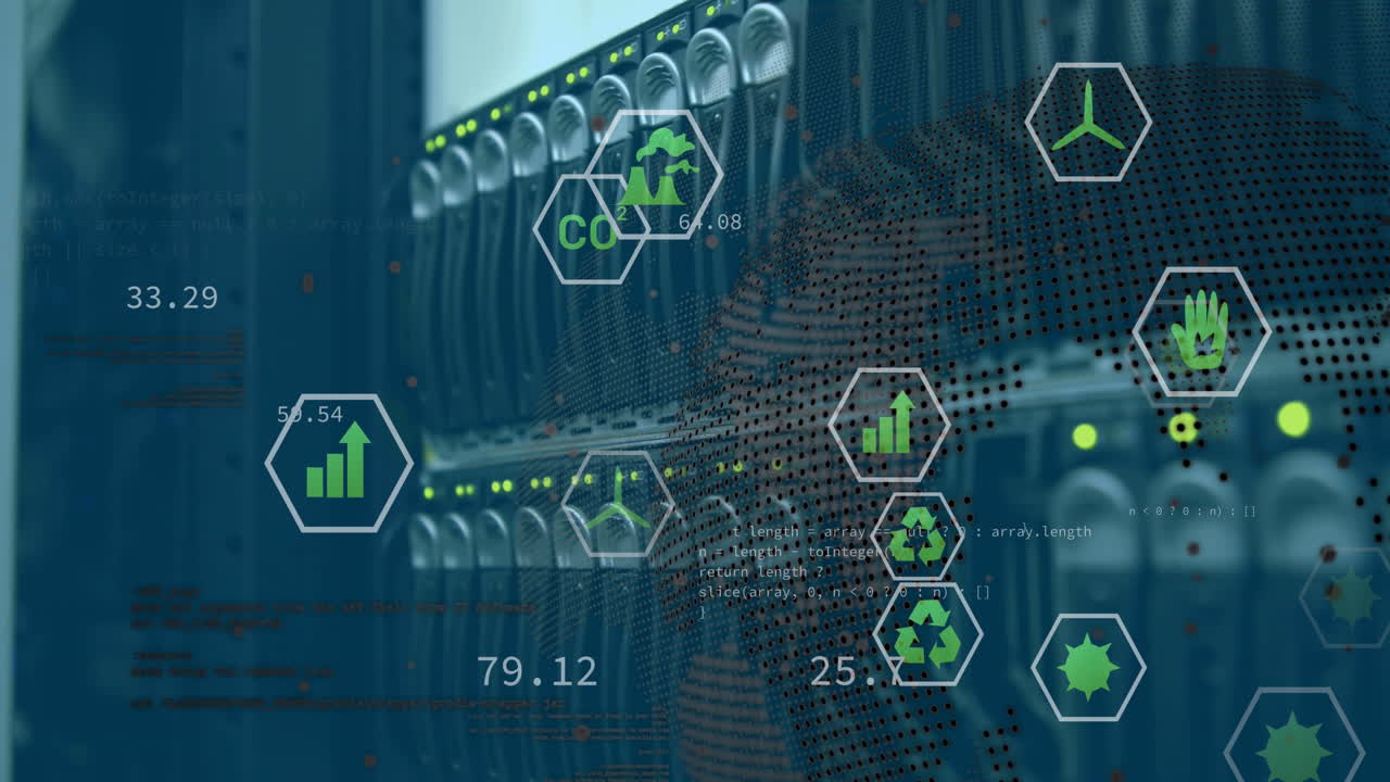 데이터 처리의 애니메이션 아이콘과 서버  ⁇  위의 글로브