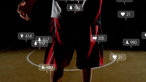 on basketball court, player practicing with animation of social media notifications