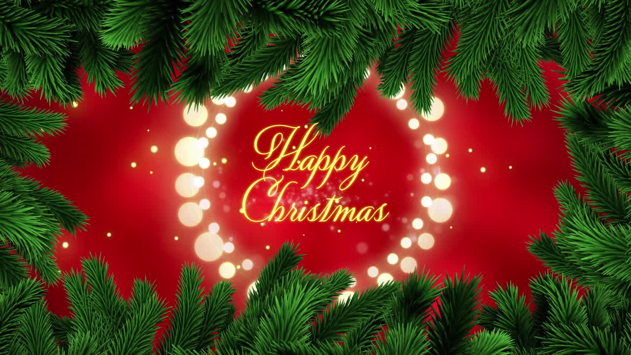 행복한 휴일의 애니메이션 텍스트와 요정 불빛, 눈이 떨어지는 배경 위의 소나무 가지