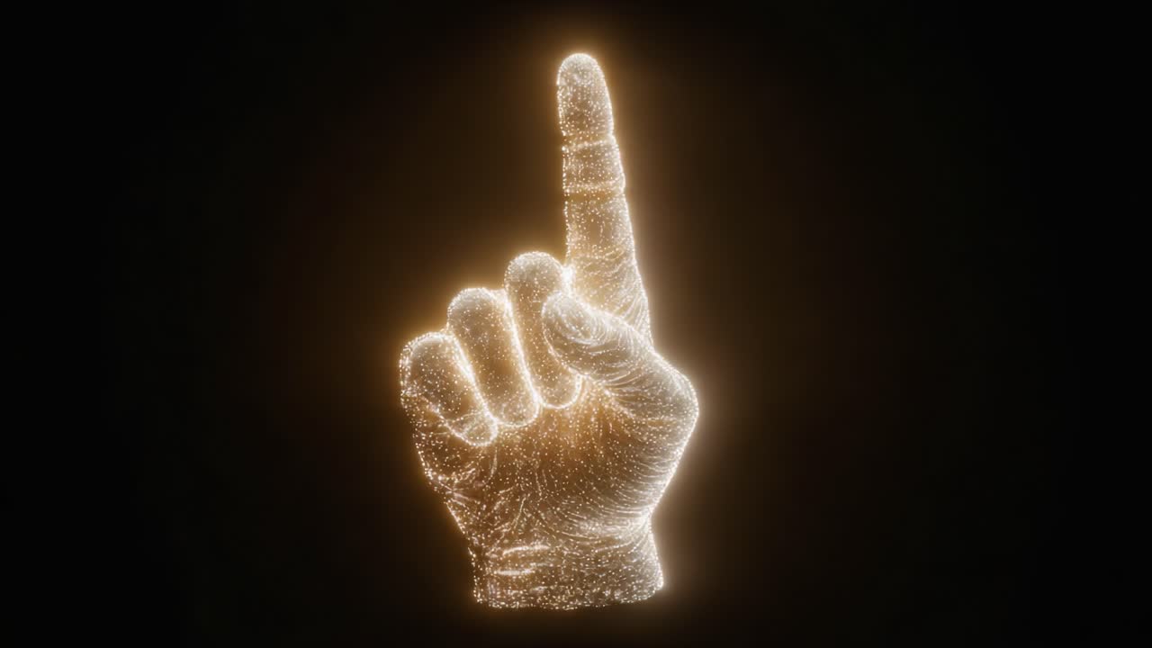 Una Rappresentazione Visiva di un Gesto della Mano Illuminato, che Raffigura un Dito Indice Alzato su uno Sfondo Scuro, Sottolineando la Comunicazione e l'Attenzione