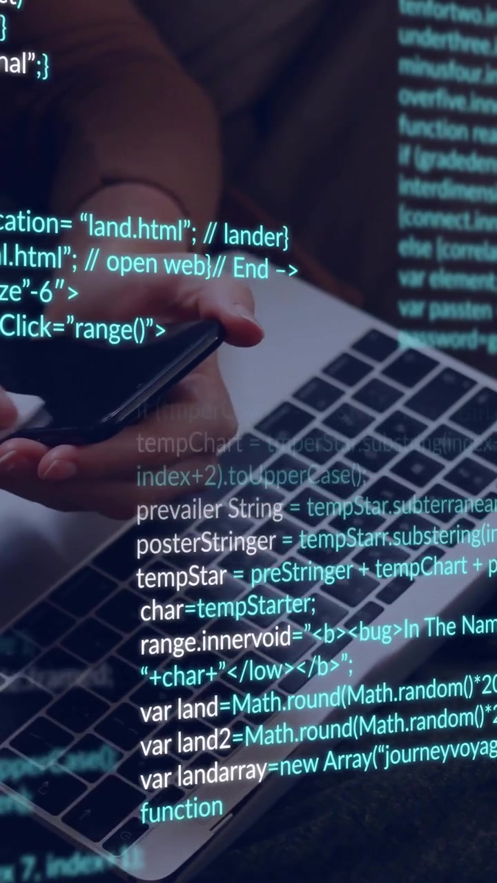 Woman moving to coding on laptop, holding phone while code overlay scrolling over hands