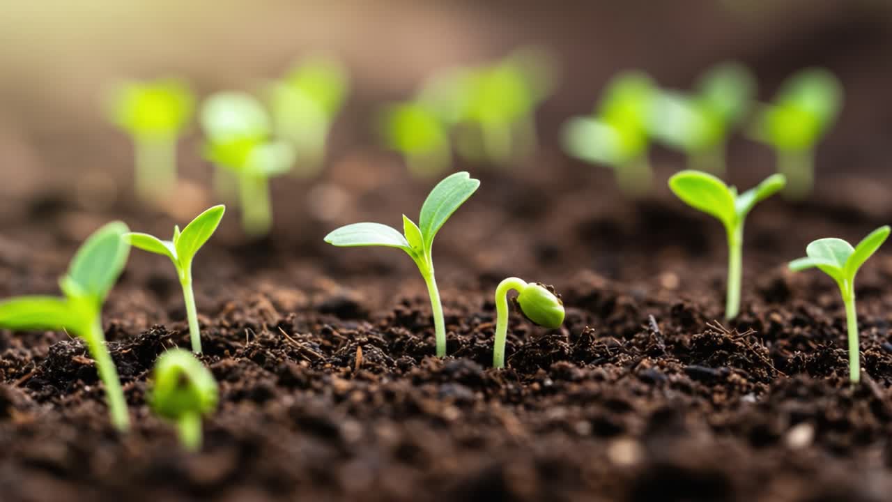 Growth of Young Seedlings Emerging from Dark Soil, Symbolizing Life and Nature's Resilience in a Beautiful Early Spring Setting