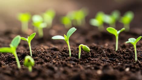 Growth of Young Seedlings Emerging from Dark Soil, Symbolizing Life and Nature&#039;s Resilience in a Beautiful Early Spring Setting