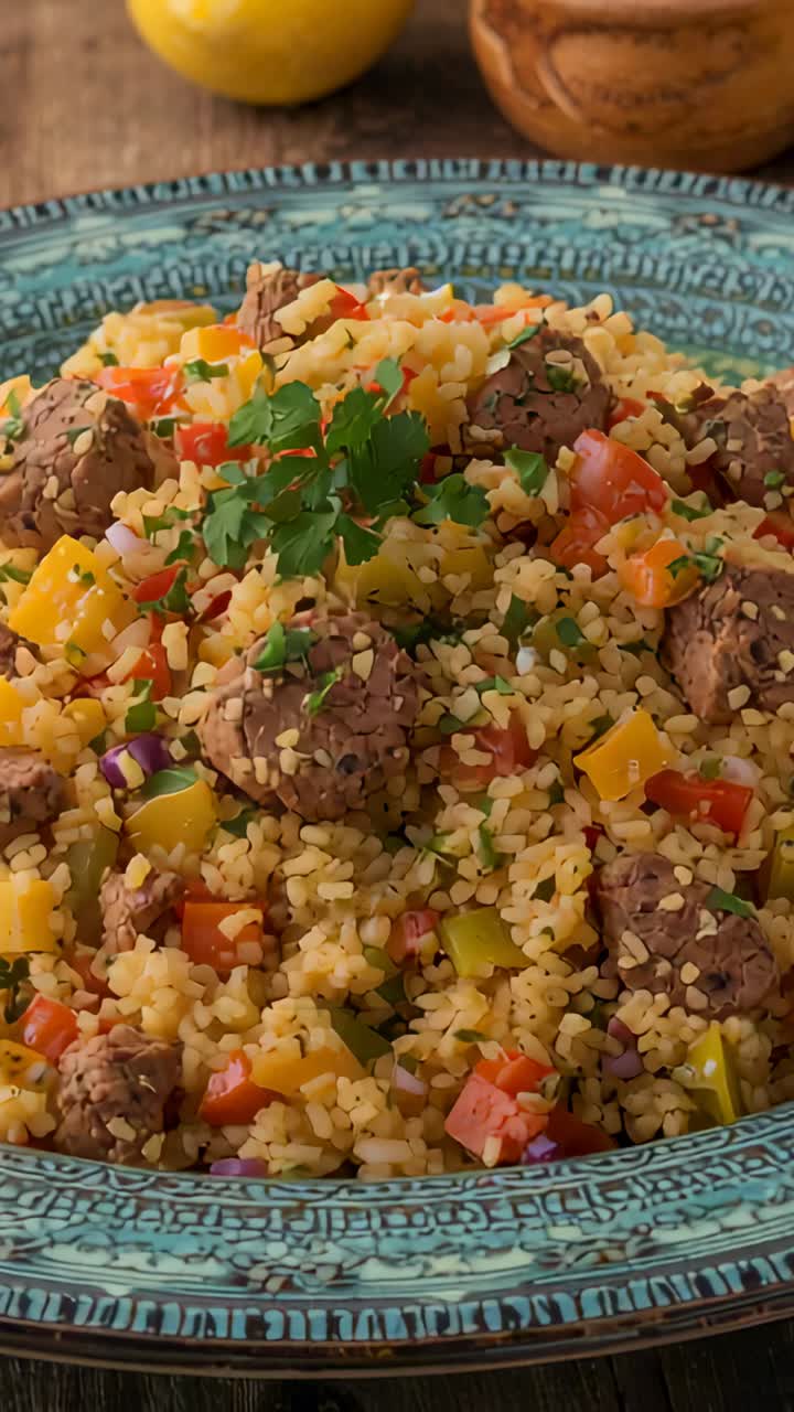 Vídeo vertical: Cámara haciendo zoom, mostrando una ensalada de bulgur con carne y pimientos en un cuenco sobre una mesa.