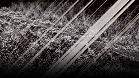 animación de líneas diagonales blancas sobre ondas de partículas blancas sobre fondo negro