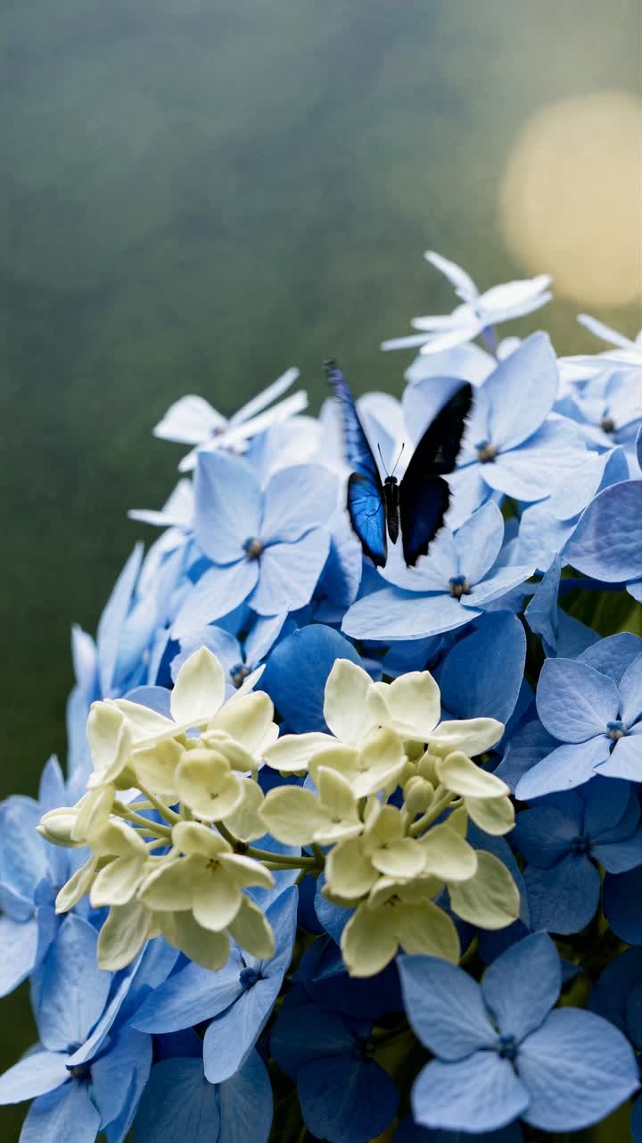 Aerial view of a vibrant blue butterfly on pastel hydrangeas, creating a serene and ethereal scene