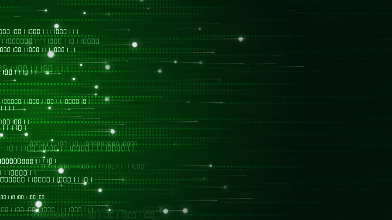 Digital data network binary code. Movement of numbers and glowing particles on a dark green background. Points and pixels in lines. Looped animation.