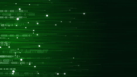 Digital data network binary code. Movement of numbers and glowing particles on a dark green background. Points and pixels in lines. Looped animation.