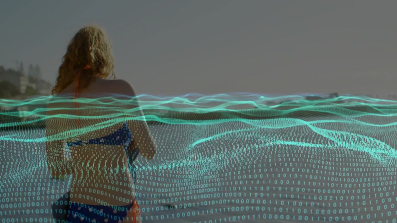 Woman raising towel covering torso and stepping toward shore, teal tech wave overlaying lower body