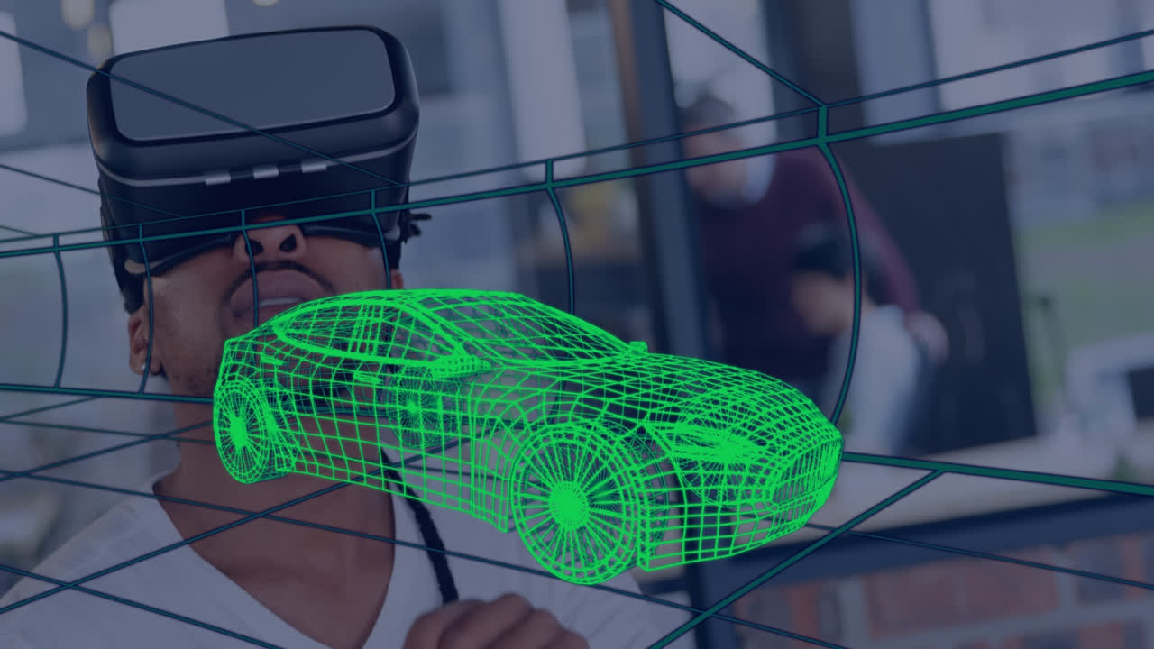 animación de dibujo 3d digital de un coche sobre un hombre usando auriculares vr